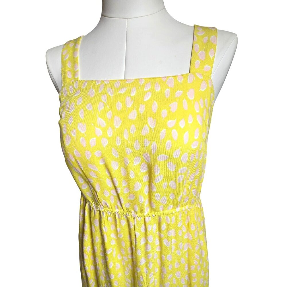 Yellow Sleeveless Maxi Dress With Pink Leaf Print & Elastic Waist Size M jj3742